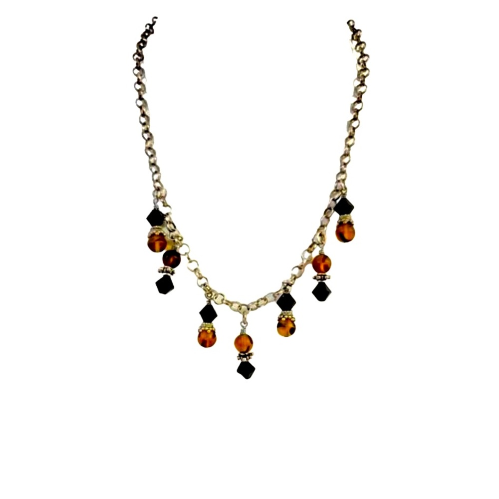 .925 Silver Chain Necklace Round Amber Tone & Black Faceted Crystals Hook Clasp